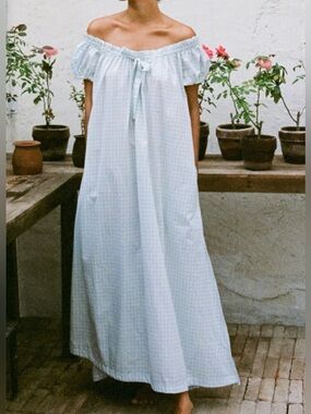 Piyama Women’s Lily Lounge Pale Blue Gingham Maxi Dress Cotton Size Large